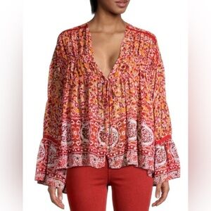 Free People ~ Lorraine Printed Tie Front Kimono Top Blouse